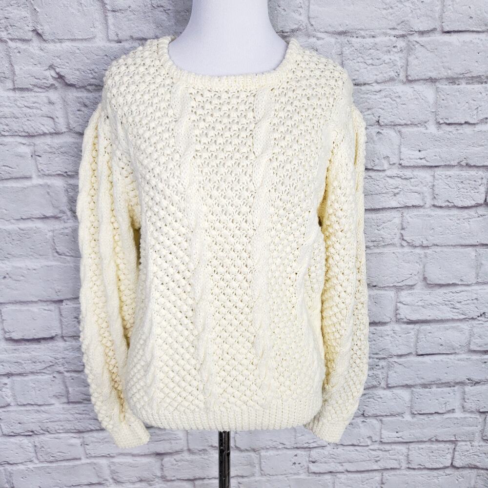 Handmade Cream Wool? Chunky Cable Knit Popcorn Stitch Fisherman Sweater Fits XS